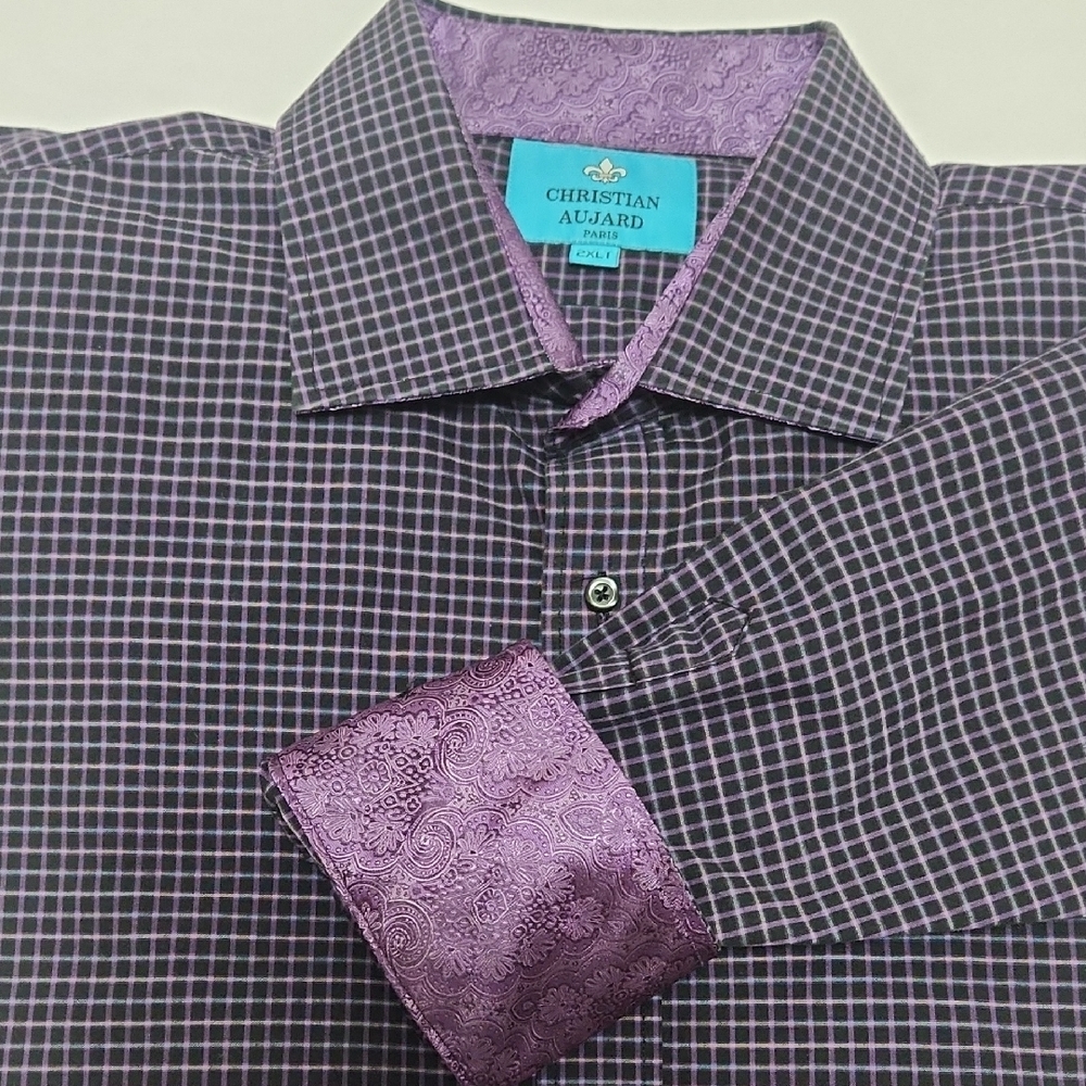 Christian Aujard Paris Purple Checkered Long Sleeve Button Down Men's Size 2XLT - Picture 3 of 15